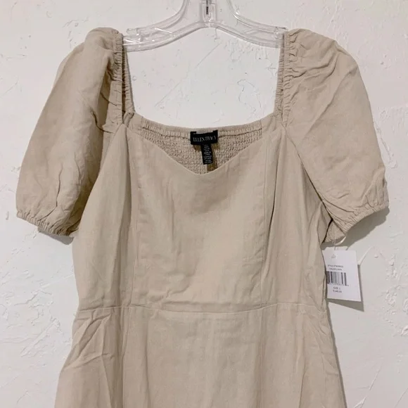 Ellen Tracy Sweetheart Neckline Balloon Sleeve Flounce Linen Midi Dress Sz Large - Picture 4 of 11